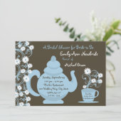 Tee Party Brautparty Blau und braun Einladung (Stehend Vorderseite)