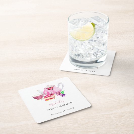 Tee-Party Brautparty Blush Dusty Rose Teapot Rechteckiger Pappuntersetzer (Vor Ort)