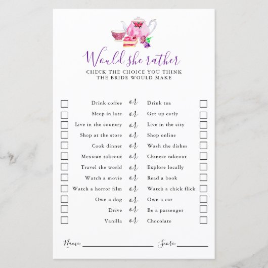 Tee-Party-Brautparty Möchten Sie lieber spielen (Vorderseite)