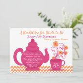Tee Party Brautparty Rosa und Orange Einladung (Stehend Vorderseite)