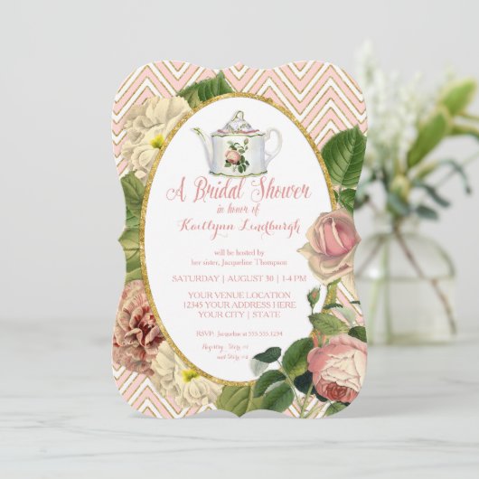 Tee-Party-Brautparty Zickzack Streifen Rose Einladung (Stehend Vorderseite)