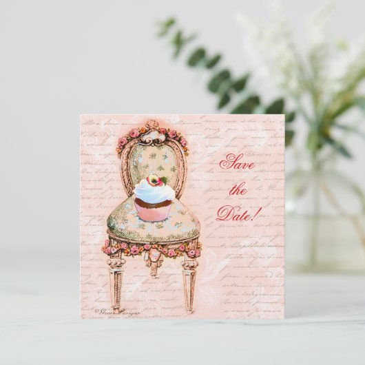 Tee Party Cupcake & Chair Save The Date (Stehend Vorderseite)