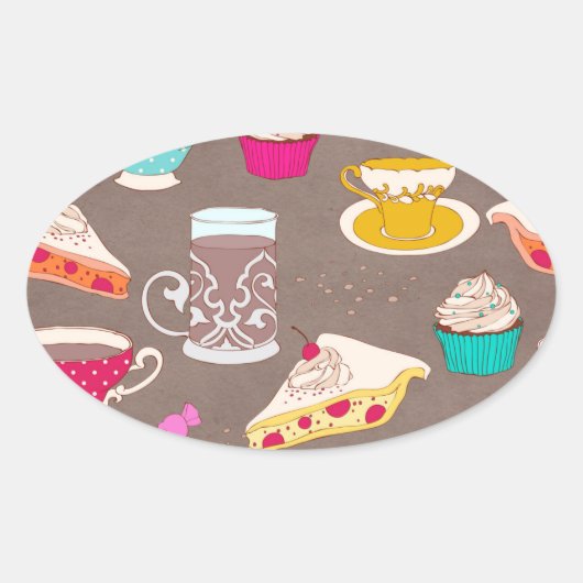 Tee Party Dessert Print Cupcake Pie Doodle Ovaler Aufkleber (Vorderseite)