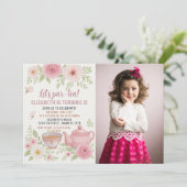 Tee-Party Einladung mit Blumenmuster und Teacup-De (Stehend Vorderseite)