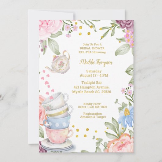 Tee-Party Elegantes rosa grünes Brautparty Einladung (Vorderseite)