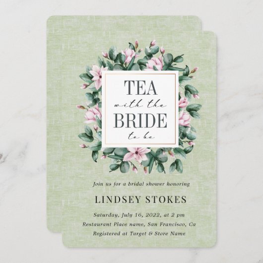 Tee Party Eukalyptus Grünes rustikales Brautparty Einladung (Vorne/Hinten)
