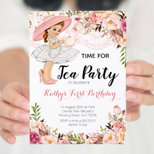 Tee Party Floral Pink Girl Geburtstag Einladung