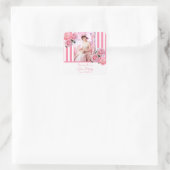 Tee-Party Foto Rosa Streifen Blumenmuster Quadratischer Aufkleber (Tasche)