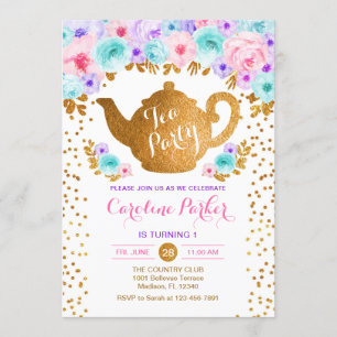 Tee Party Geburtstag - Goldweißes Rosa Aquamarin L Einladung
