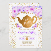 Tee Party Geburtstag - Lila Blüte in Gold Einladung (Vorne/Hinten)