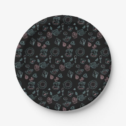 Tee-Party-Geburtstagsdoodles Schwarz Pappteller (Vorderseite)