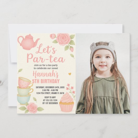 Tee-Party Geburtstagsfeier Einladung mit Blumen (Vorderseite)
