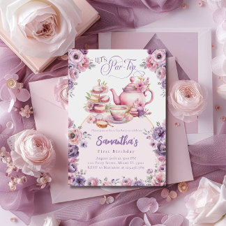 Tee Party Geburtstagskarte Rosa Lila Par-Tee Einladung