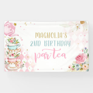 Tee Party Geburtstagsmädchen Pink & Gold Blumenst Banner