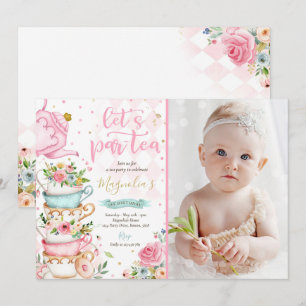 Tee Party Geburtstagsmädchen Pink & Gold Blumenstr Einladung