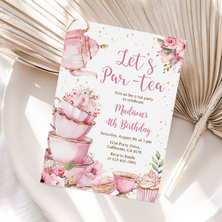 Tee Party Geburtstagsmädchen Pink & Gold Blumenstr Einladung