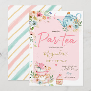 Tee Party Geburtstagsmädchen Pink & Gold Blumenstr Einladung