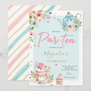Tee Party Geburtstagsmädchen Pink & Gold Blumenstr Einladung