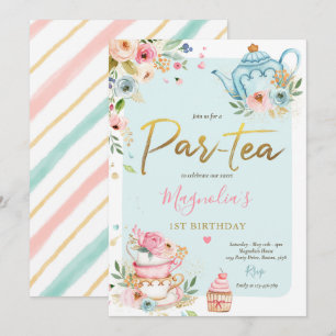 Tee Party Geburtstagsmädchen Pink & Gold Blumenstr Einladung