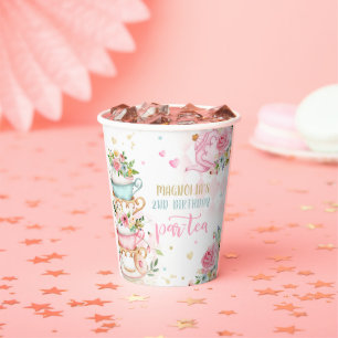 Tee Party Geburtstagsmädchen Pink & Gold Blumenstr Pappbecher