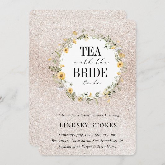 Tee Party Gelbe Wildblumen Glitzer Brautparty Einladung (Vorne/Hinten)