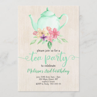 Tee Party Girl Birthday Mint Aquamarine Wasserfarb Einladung