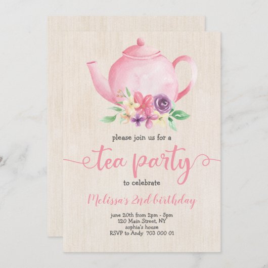 Tee Party Girl Birthday Pink Wasserfarbe Rustikal Einladung (Vorne/Hinten)