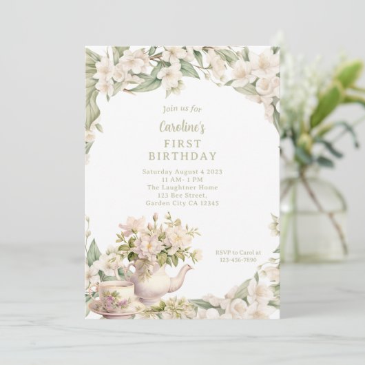 Tee-Party im Weißen Blumengarten Einladung (Stehend Vorderseite)