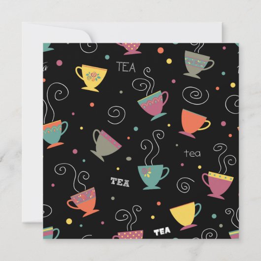 Tee-Party in lebhaften Farbtönen in heißen Bechern Einladung (Rückseite)