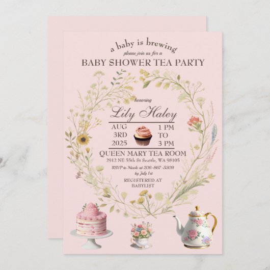 Tee-Party Kinderdusche Einladung (Vorne/Hinten)