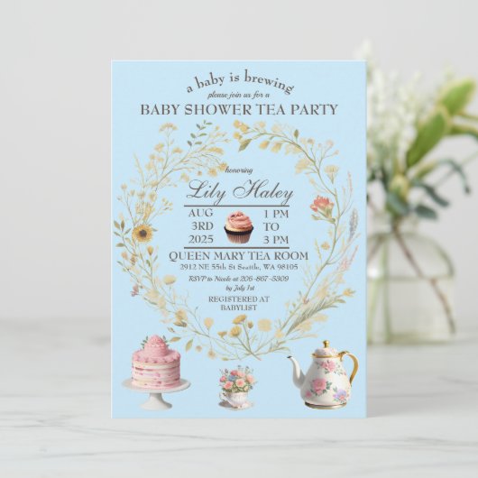 Tee-Party Kinderdusche Einladung (Stehend Vorderseite)