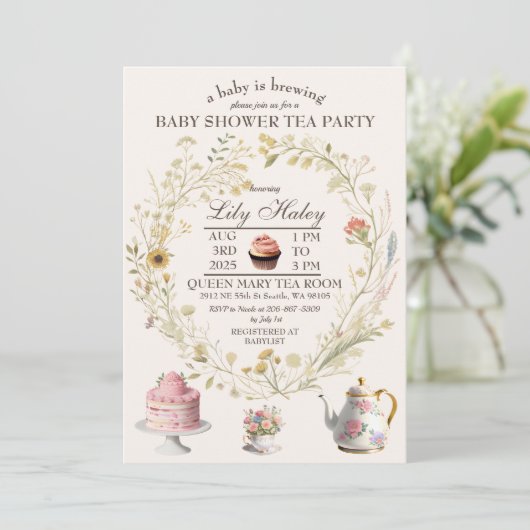 Tee-Party Kinderdusche Einladung (Stehend Vorderseite)