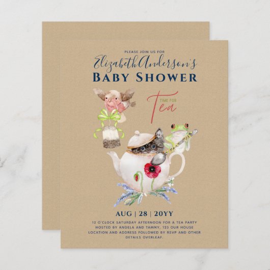 Tee-Party Kinderdusche Einladungen Niedlich Tee-Po (Vorne/Hinten)