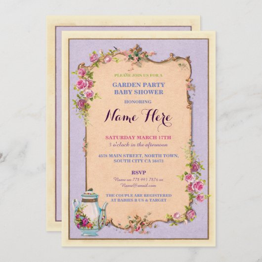 Tee-Party Kinderdusche Garten Teapot Einladung (Vorne/Hinten)