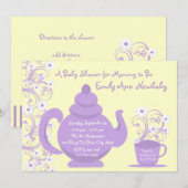 Tee-Party Kinderdusche Lila und gelb Einladung (Vorne/Hinten)