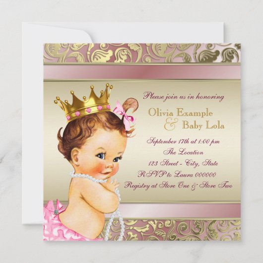 Tee-Party Kinderdusche Rosa und Goldperle Einladung (Rückseite)