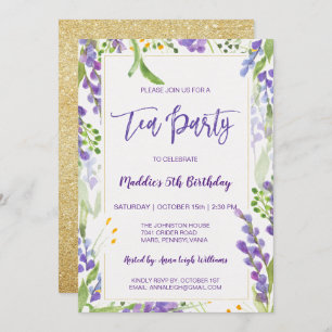 Tee-Party Lavendel Floral & Gold Geburtstagskind Einladung