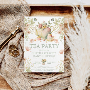 Tee Party Sage Green & Pink Floral Baby Dusche Einladung