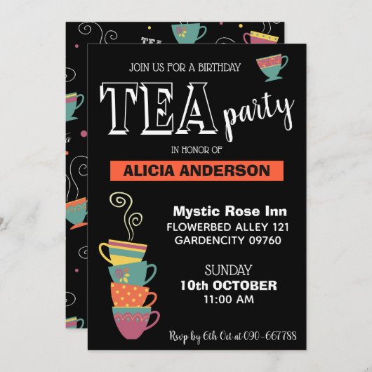 Tee-Party-Tassen Modernes, farbenfrohes Design Einladung (Vorne/Hinten)