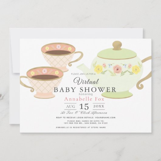 Tee-Party Tea Pot & Cups Virtual Baby Dusche Einladung (Vorderseite)