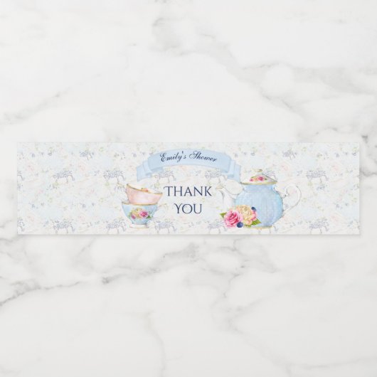 Tee-Party Teacups Teapot Blau Weiß Rosa Wasserflaschenetikett (Einzelnes Label)