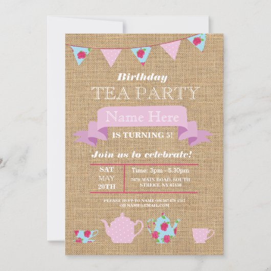 Tee Party Teapot Alice im Wunderland Burlap Invite Einladung (Vorderseite)