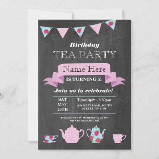 Tee-Party Teapot Alice im Wunderland Chalk Einladung (Vorderseite)