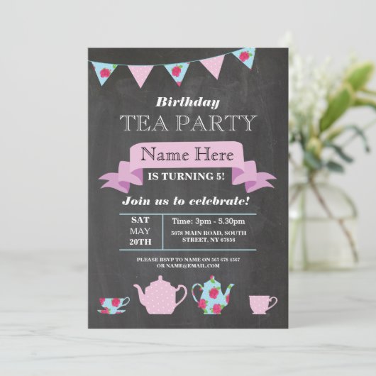 Tee-Party Teapot Alice im Wunderland Chalk Einladung (Stehend Vorderseite)