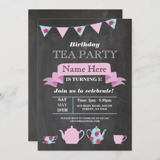 Tee-Party Teapot Alice im Wunderland Chalk Einladung (Vorne/Hinten)