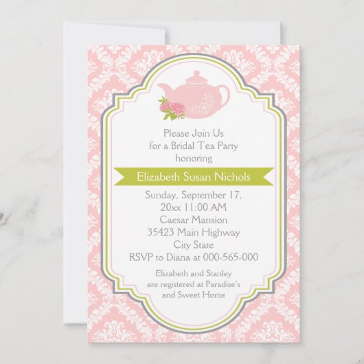 Tee-Party-Teekanne, feuerrosa grünes Brautparty Einladung (Vorderseite)