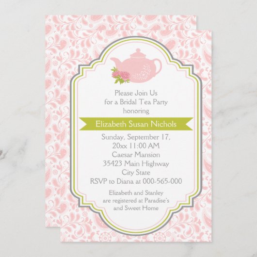 Tee-Party-Teekanne, paisley-rosa grünes Brautparty Einladung (Vorne/Hinten)