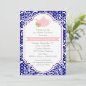 Tee-Party-Teekanne, Spitzen-Rosa, Brautparty der M Einladung (Stehend Vorderseite)