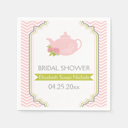 Tee-Party-Teekanne, Zickzack rosa, grüne Hochzeit Serviette (Vorderseite)