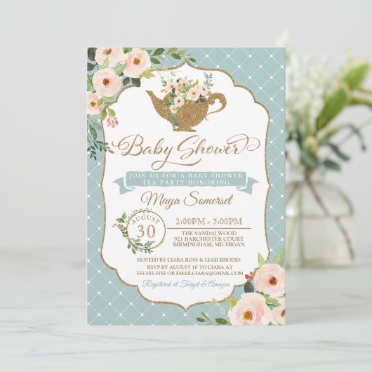 Tee-Party-Türkis-Blau errötet Blumenbaby-Dusche Einladung (Stehend Vorderseite)